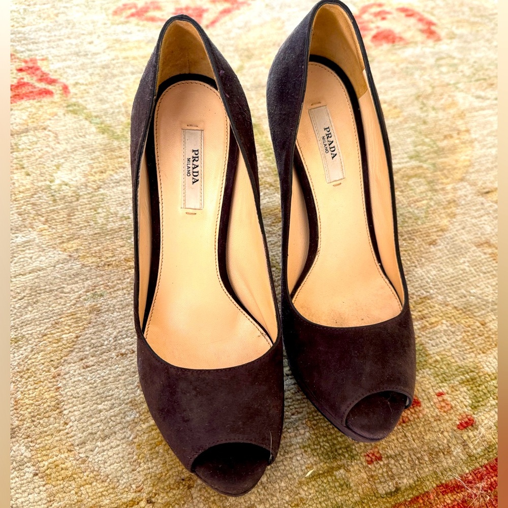 Prada peekaboo, platformed, purple suede heels